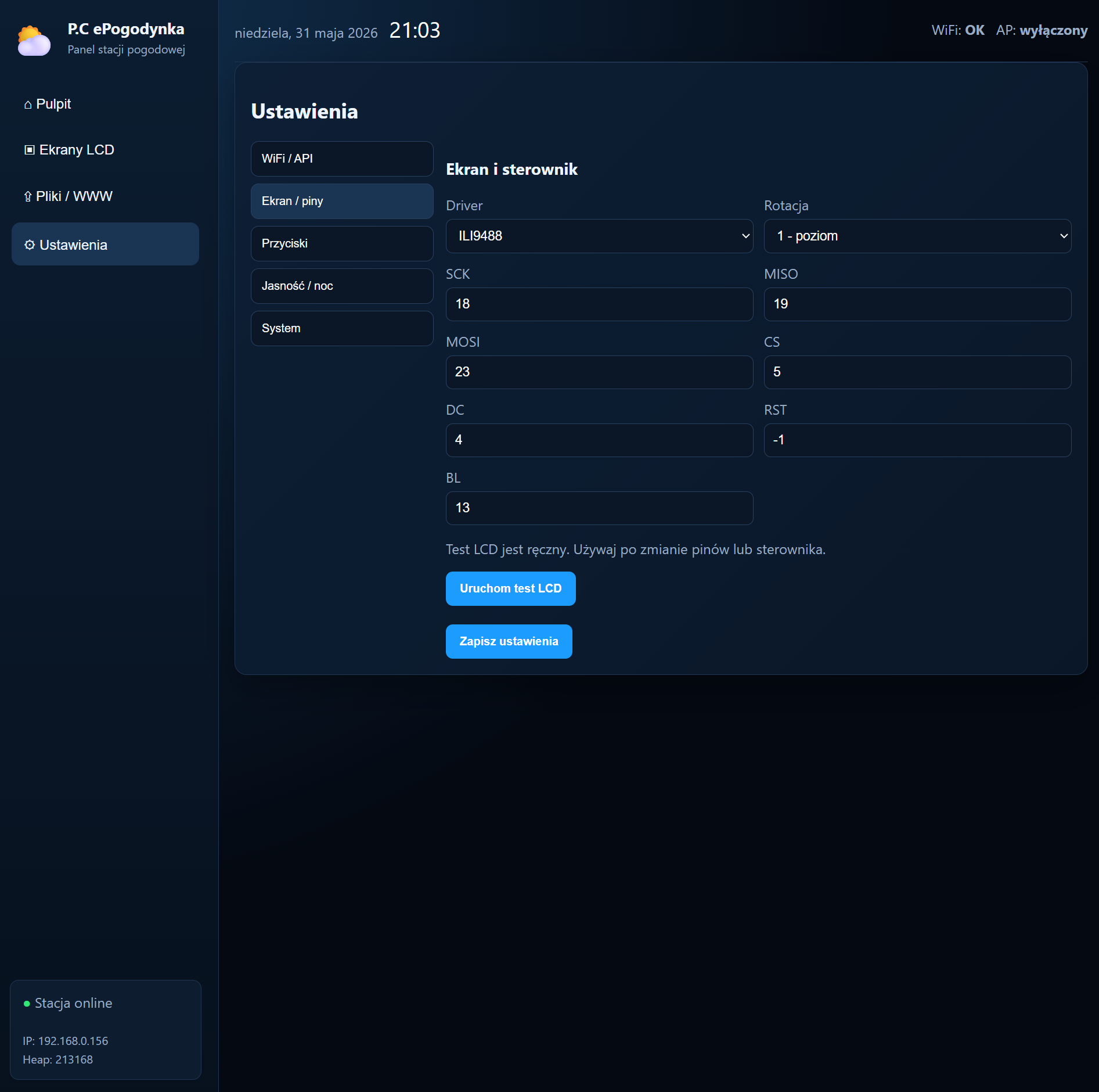 Witryna www do obsługi e-pogodynki V1.0.0 Beta