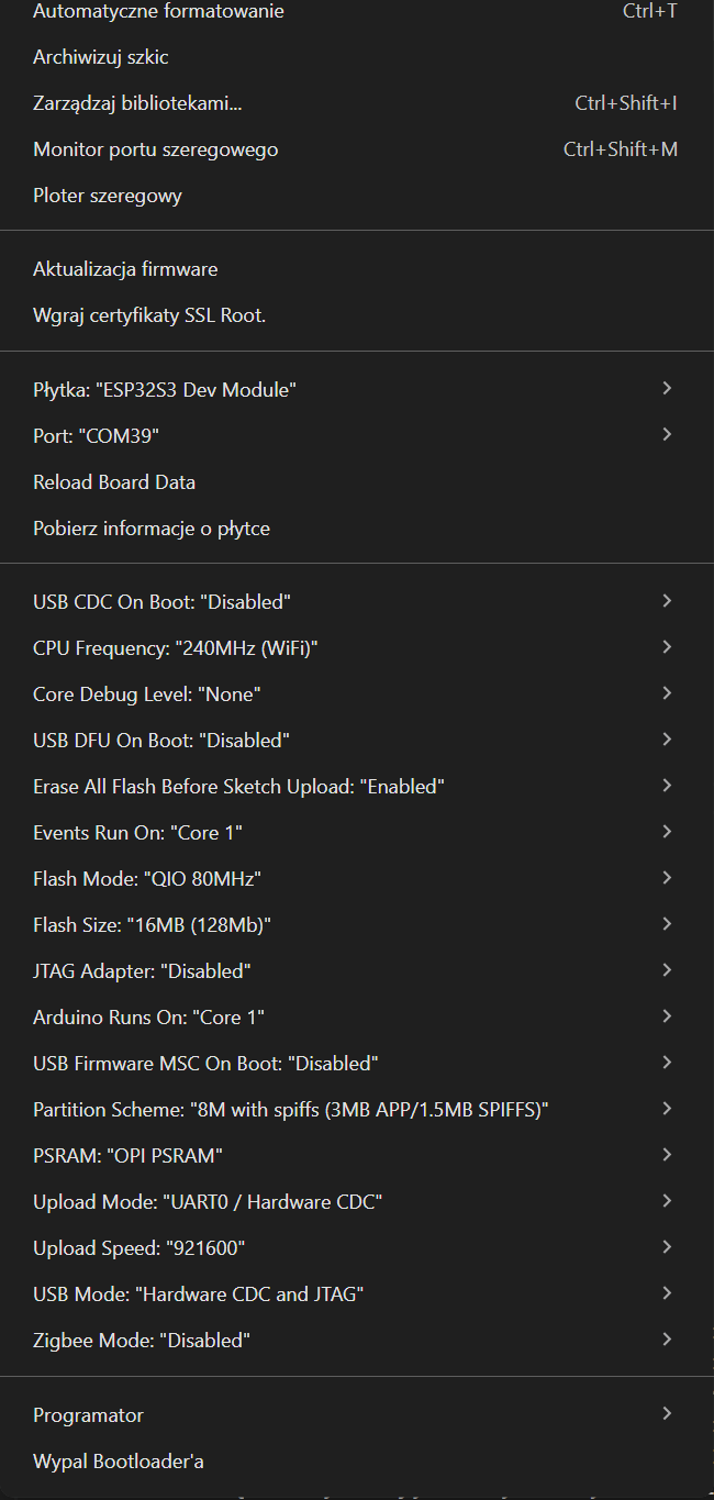 Ustawienia esp32s3